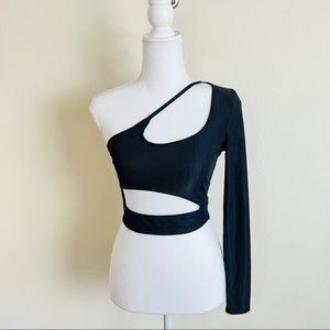 Black Ribbed Cutout One Shoulder Strappy Crop Top Blouse